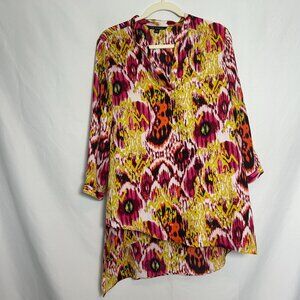 Zac & Rachel Multicolored Abstract Print High-Low Tunic Top, 3/4‎ Sleeve, V-neck